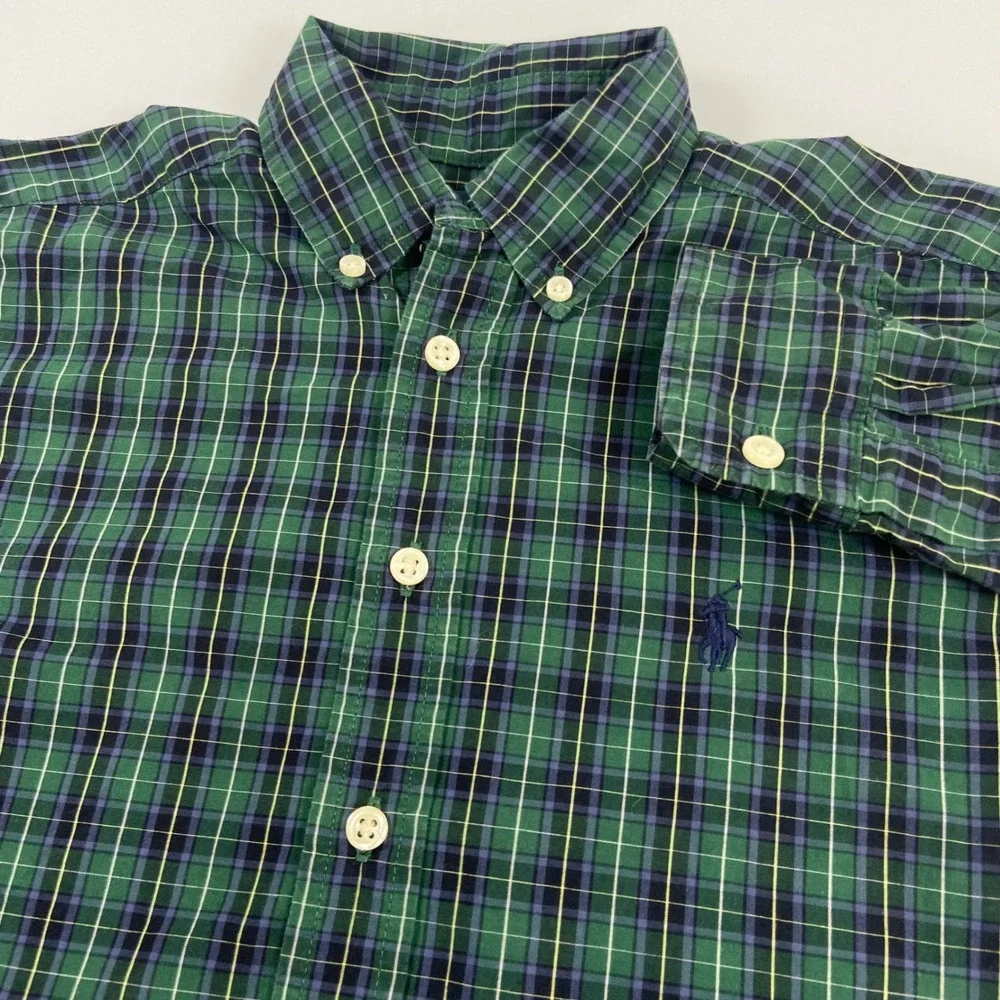 Ralph Lauren Boys S 8 Green Plaid Button Down‎ Shirt Long Sleeve Pony Preppy